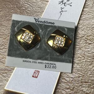Vintage Gold Tone Diamond Square CZ Clip On Earrings by Vendome